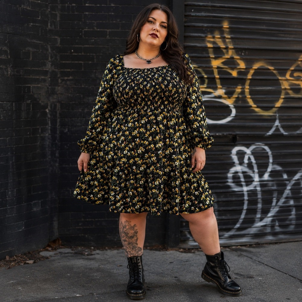 Just Found Womans Dress 3X Dress Long Sleeve Black Floral Baby Doll Smocked
